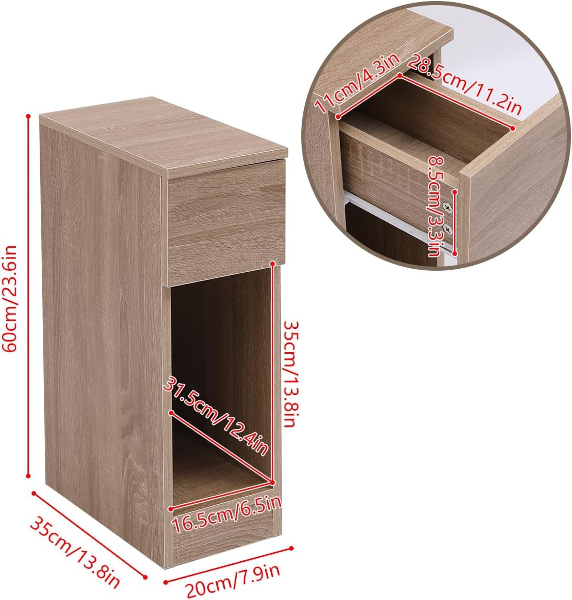 Slim Walnut Bedside Table with Drawer & Shelf, Narrow Nightstand for Small Rooms
