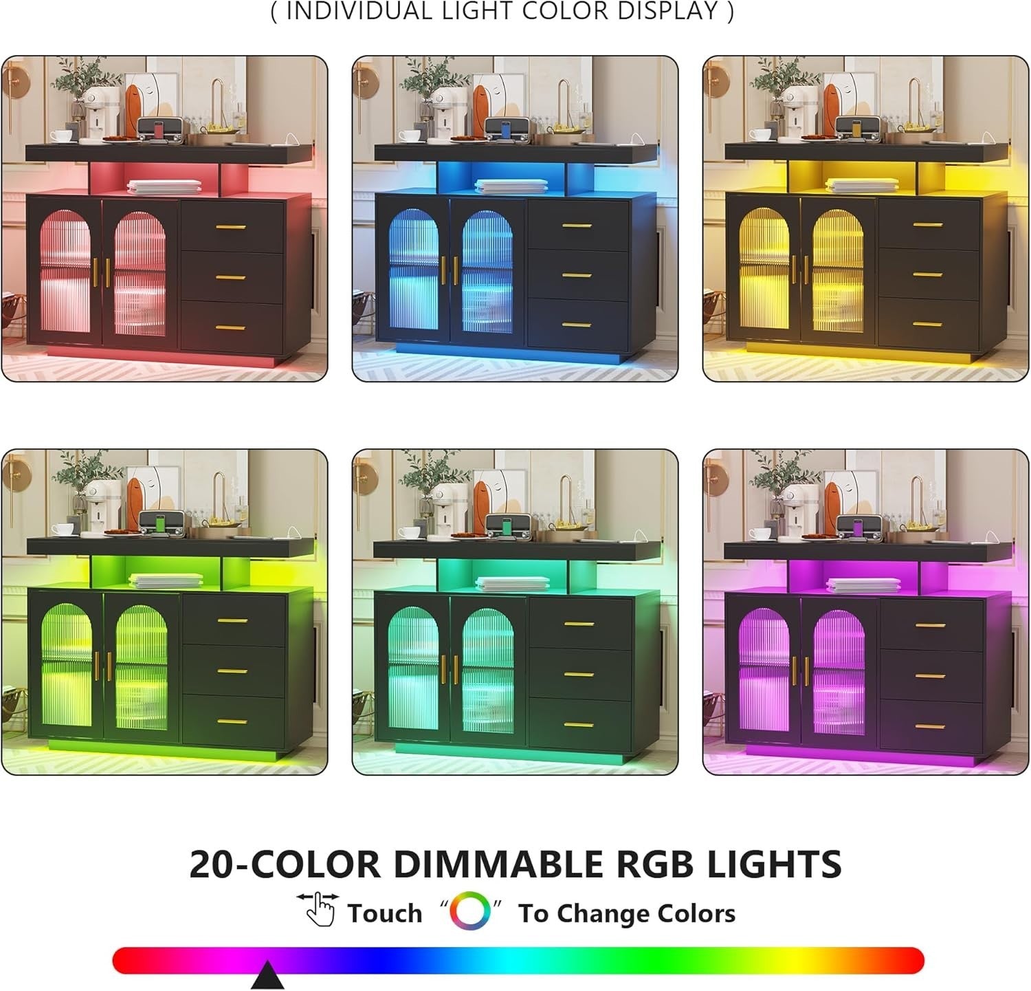 LED Sideboard Buffet with Wireless Charging, RGB Lights & USB Storage