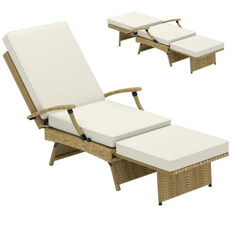 Outdoor Rattan Recliner Chair with Cushions & Footrest, Folding Lounger