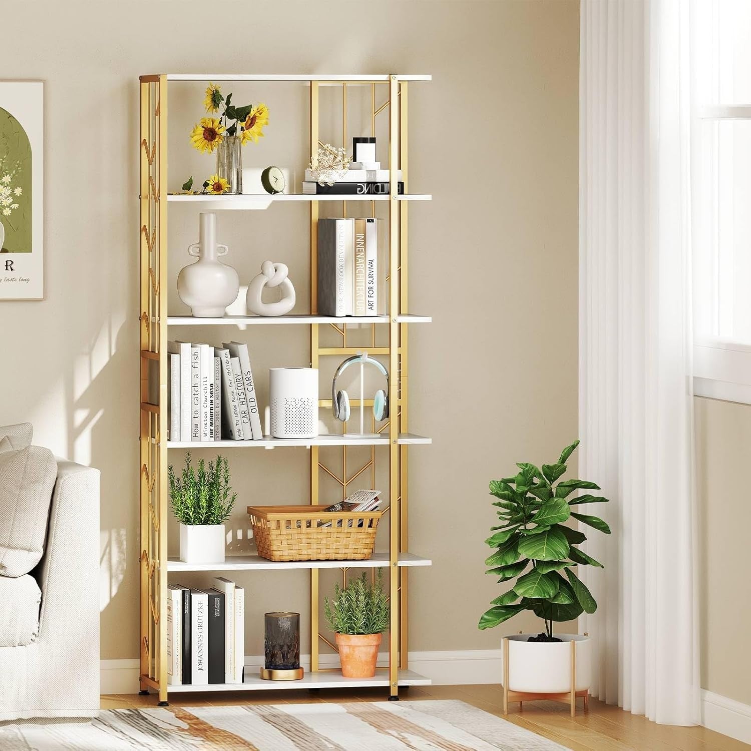 6-Tier Gold & White Bookshelf Modern Display Storage Unit Heavy-Duty Metal Frame