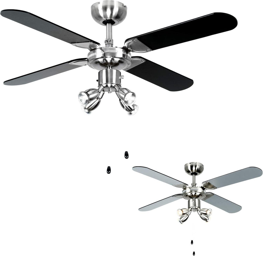 MiniSun 42" Chrome Ceiling Fan with Spotlights, Reversible Black/Silver Blades