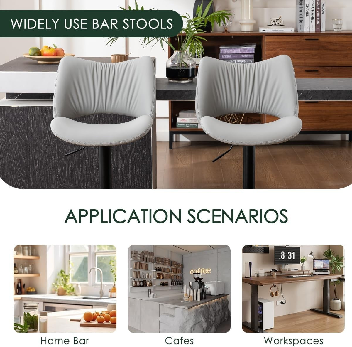 Adjustable Bar Stools 2pcs Grey PU Leather Swivel Kitchen Counter Chairs