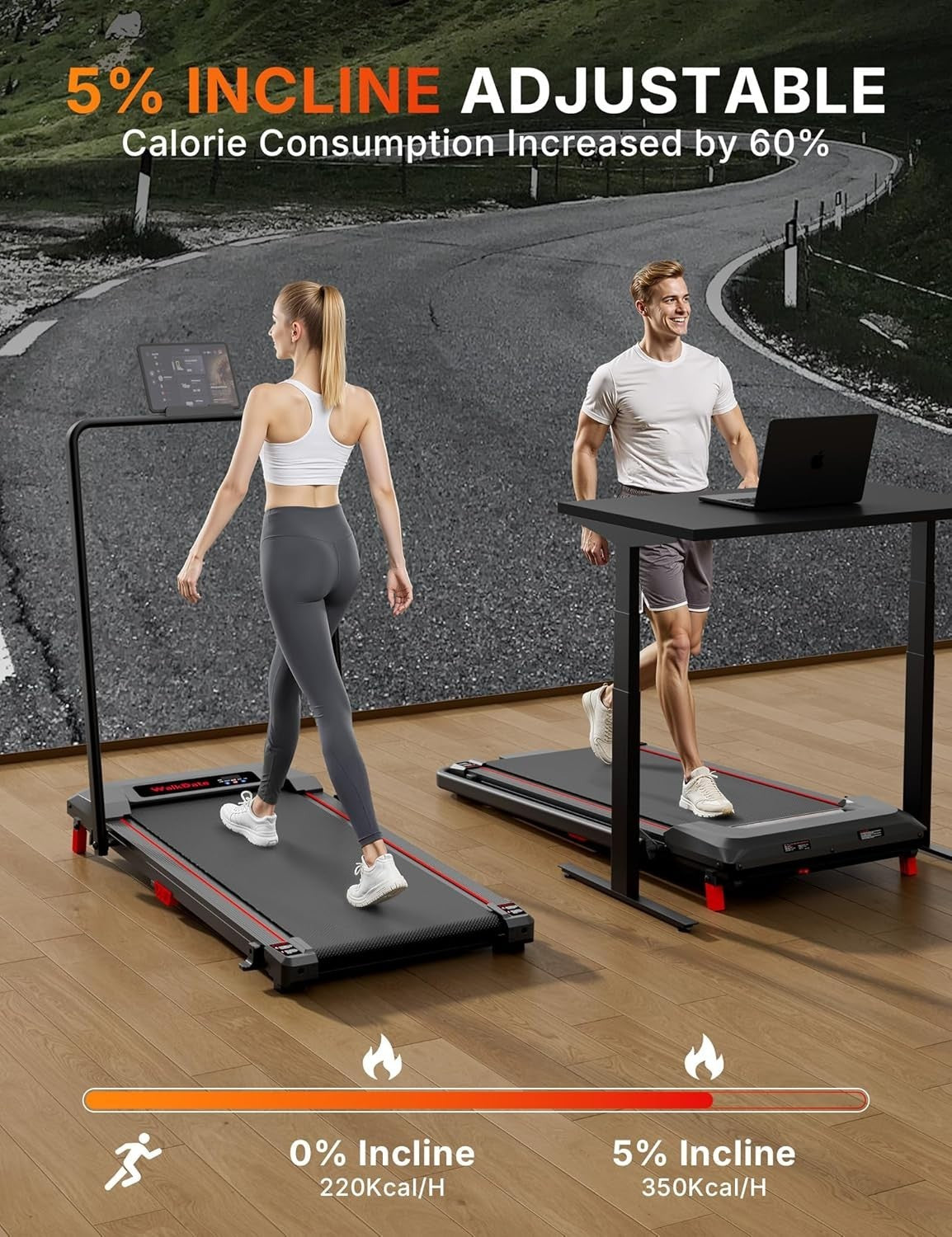 Compact Under Desk Treadmill 330lbs Capacity Low Noise LED Display Home Office