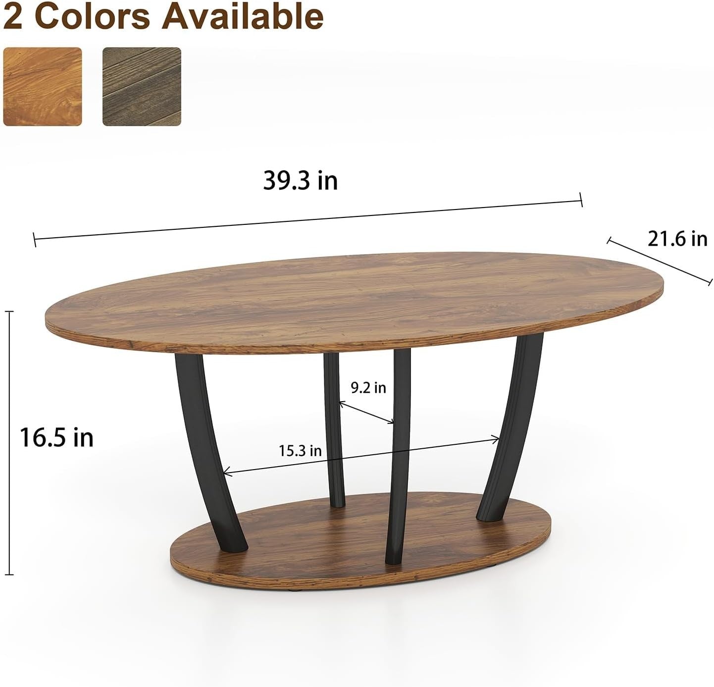 Oval 2-Tier Coffee Table Rustic Brown with Storage Shelf, Modern 100x55cm