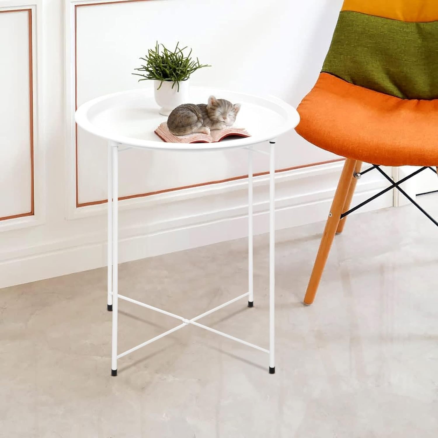 Round Tray Side Table with Removable Tray – 47x50cm Metal End Table