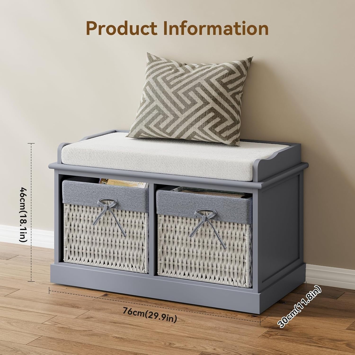 Blue Grey Shoe Storage Bench with Cushion 2 Wicker Baskets 76x30x46cm