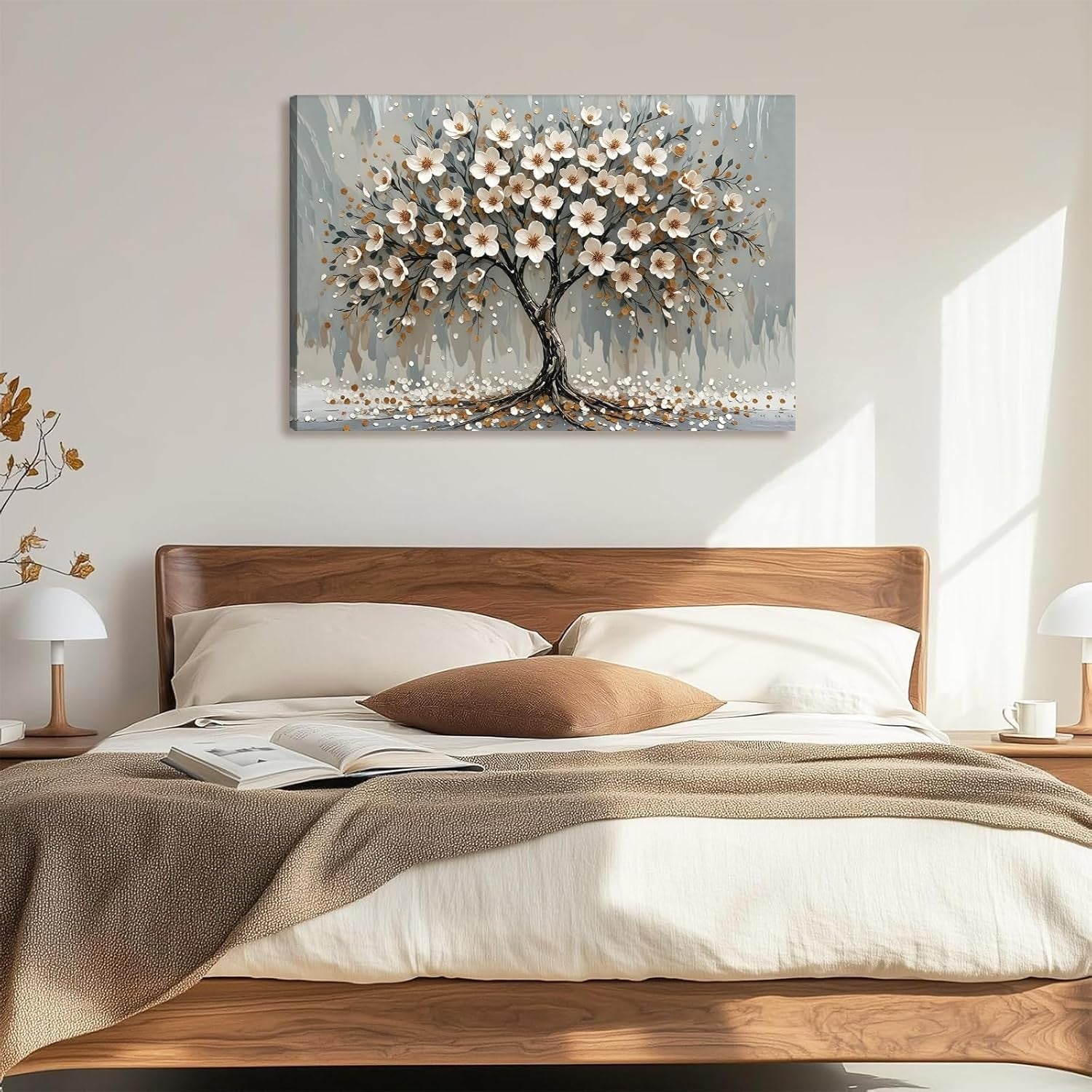 White Floral Tree Canvas Wall Art Framed Modern Living Room Decor 59x39cm