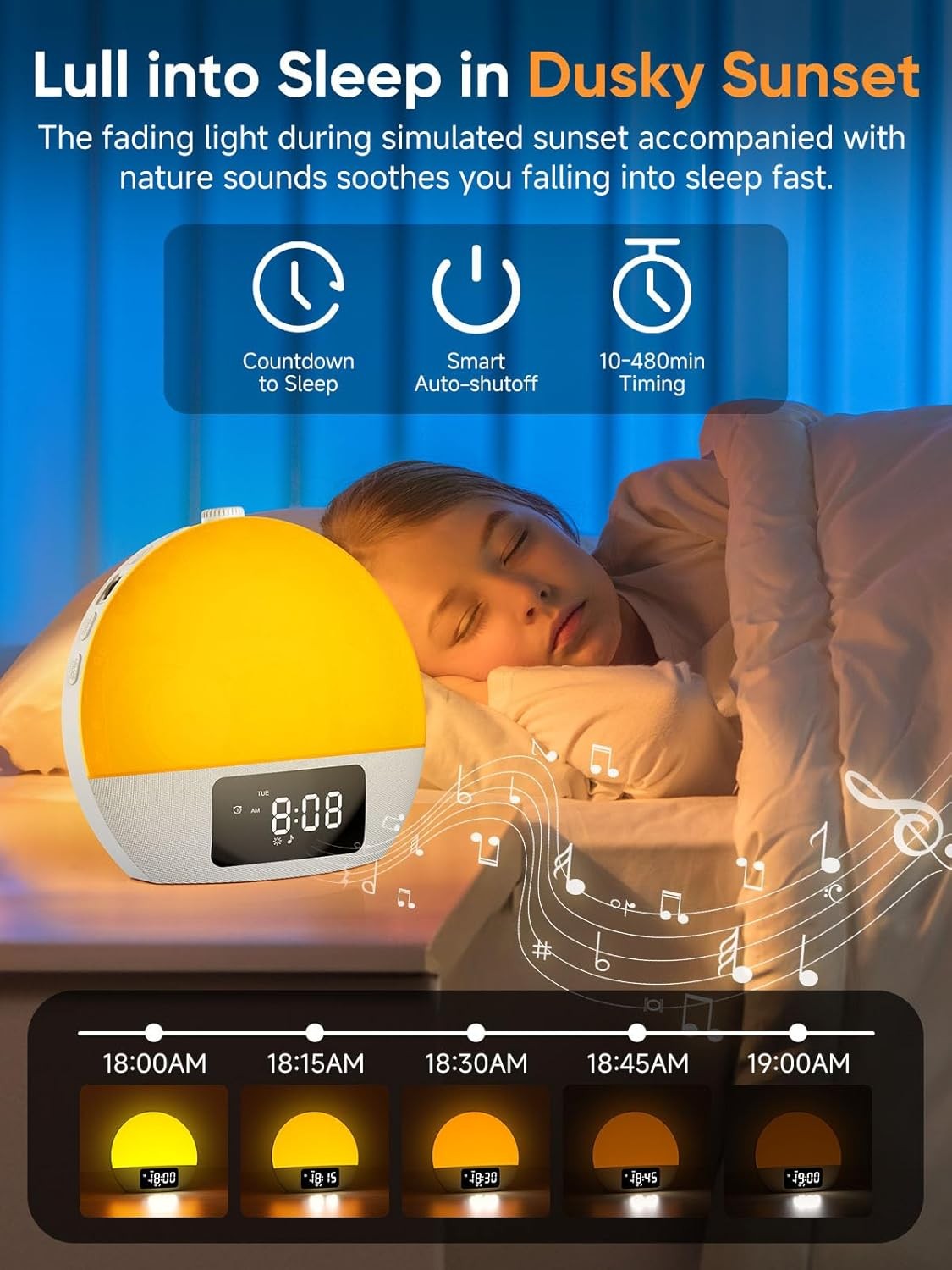 Sunrise Wake Up Light Alarm Clock White Noise Night Lamp Dual Alarm