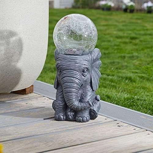 Solar Elephant Garden Ornament 37cm Crackle Ball LED Light Waterproof Outdoor