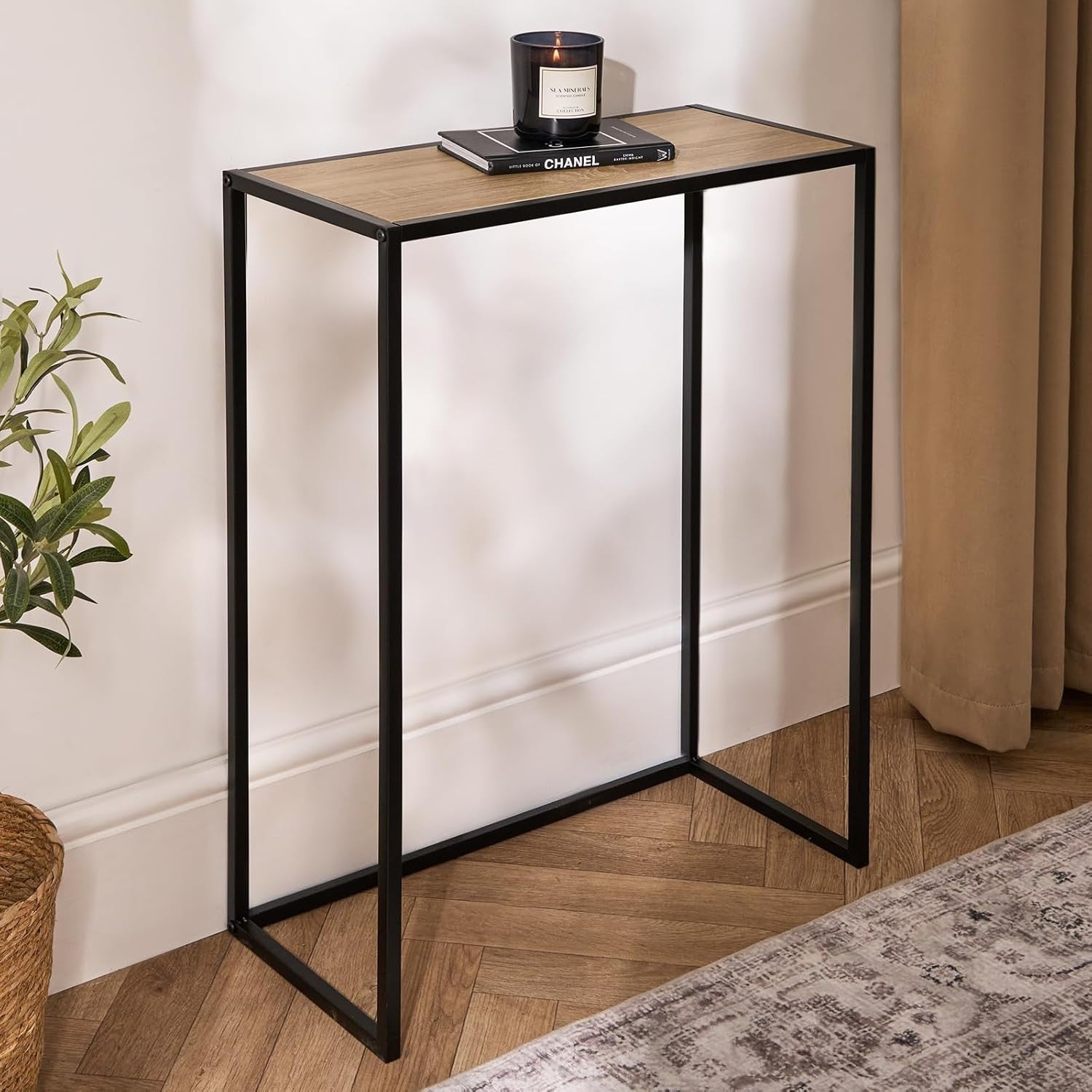 Slim Light Wood Console Table with Metal Frame – Compact Hallway Shelf