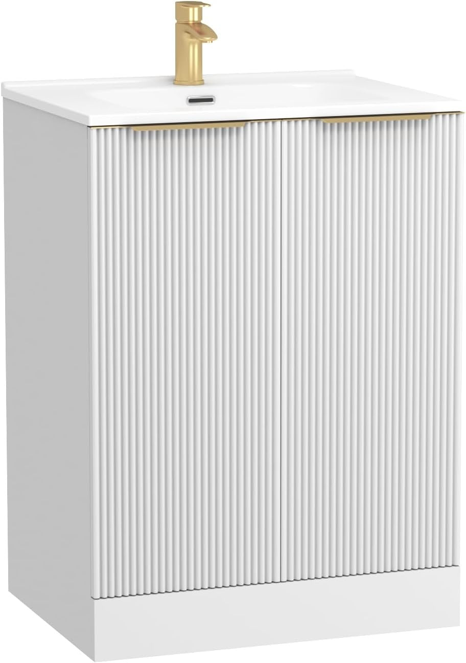 White 700mm Bathroom Vanity Unit with Basin & Brass Handles Floor Standing