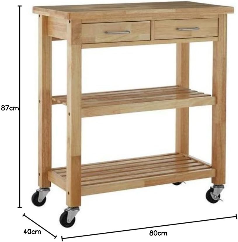 Solid Wood Kitchen Trolley on Wheels Storage Cart with Drawers & Shelf