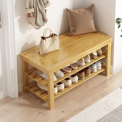 Natural Wooden Shoe Rack Bench 3 Tier Storage Shelf with Seat 58x27x45cm