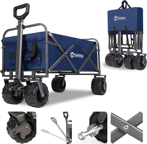 Blue 440lb Heavy Duty Folding Wagon Trolley w/ Wide All-Terrain Wheels & Brake