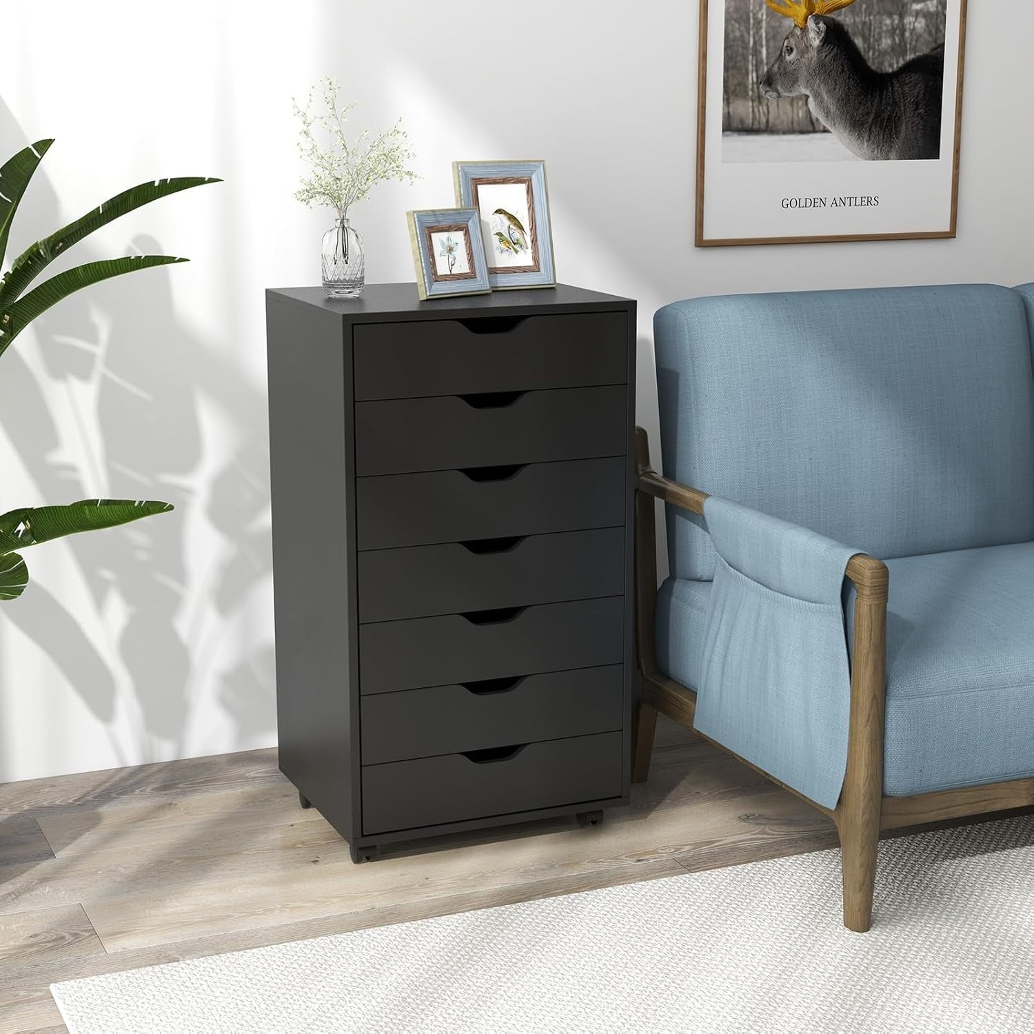 Black Mobile Filing Cabinet 7 Drawer Storage Unit with Wheels for Home Office