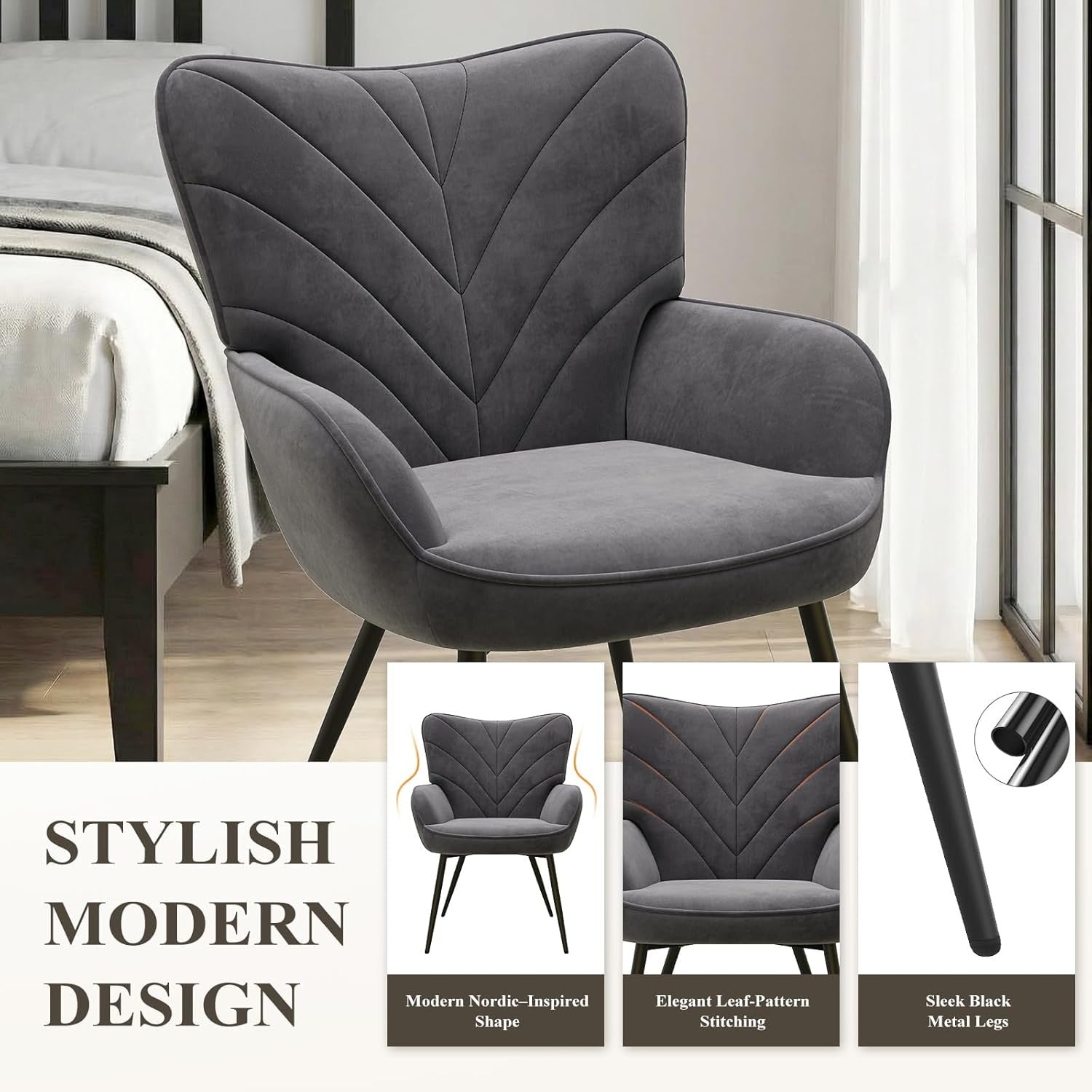 Charcoal Grey Velvet Accent Chair Wide Seat Metal Legs