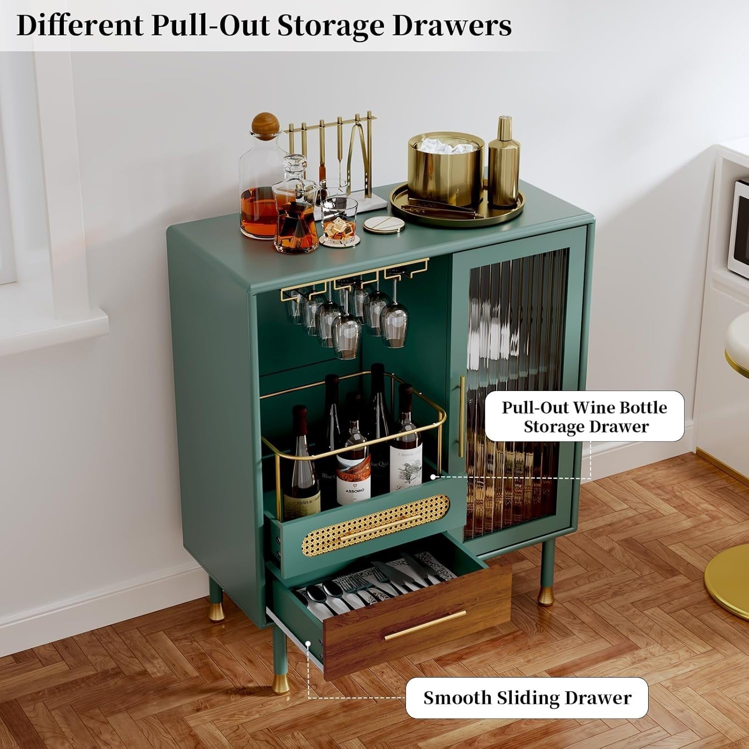 Green Drinks Cabinet with Wine Glass Racks & 2 Drawers – Modern Home Bar Storage