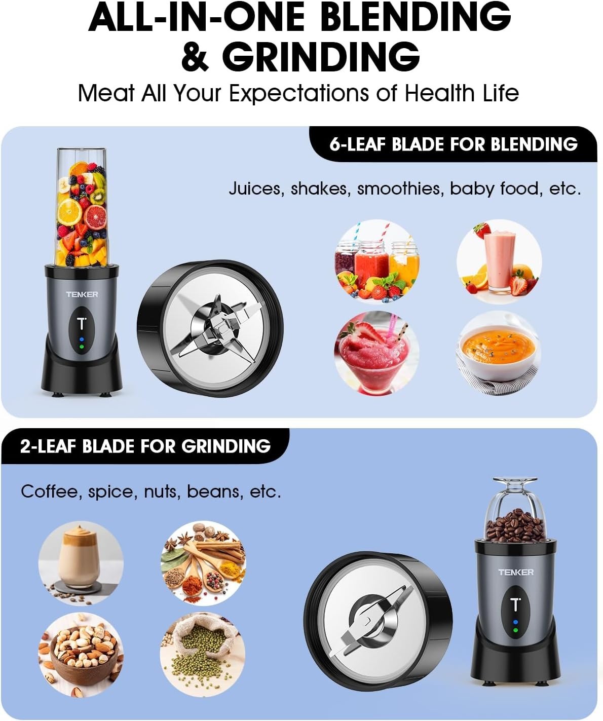 Portable 850W Personal Smoothie Blender with 2x 650ml Bottles & Grinder