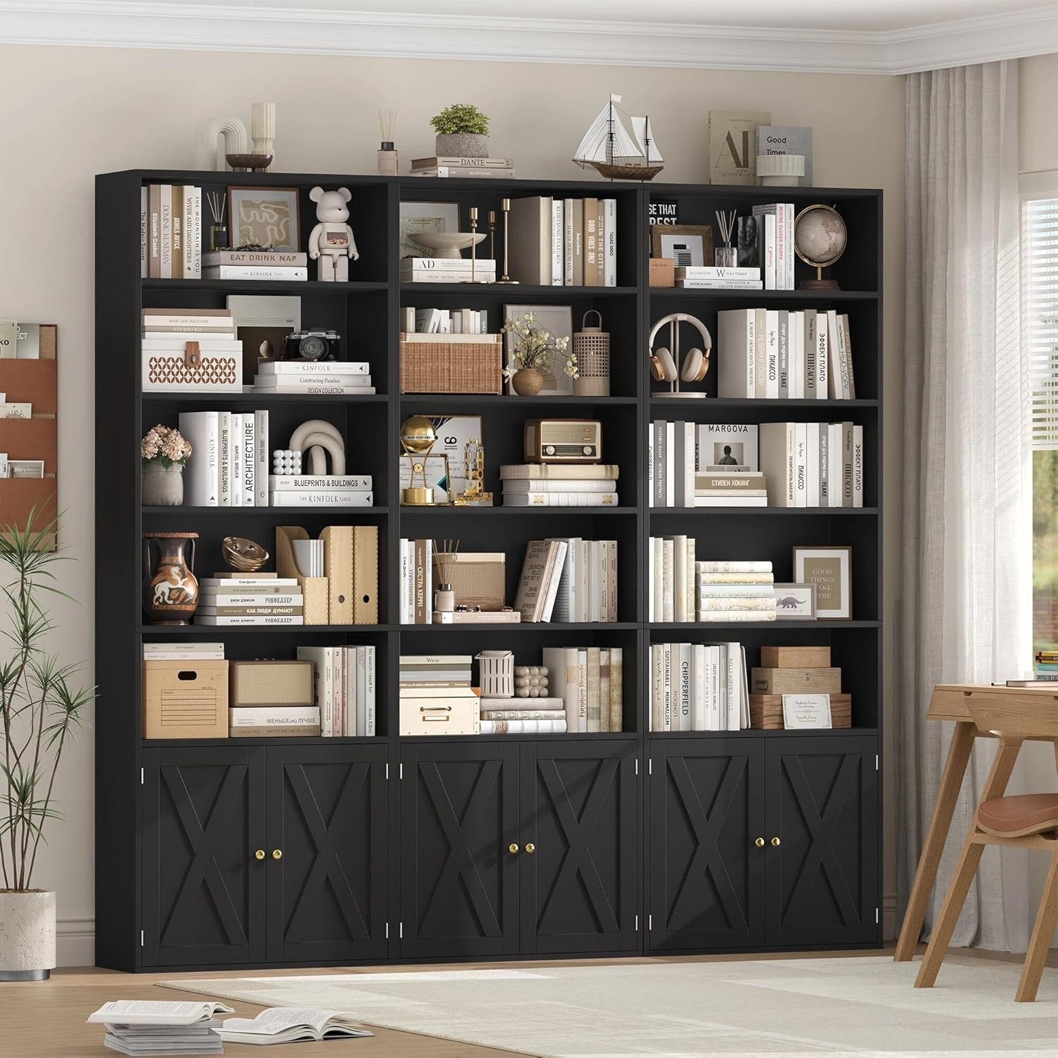 Tall 7-Tier Bookcase with Doors Modern Storage Cabinet Adjustable Shelves Black