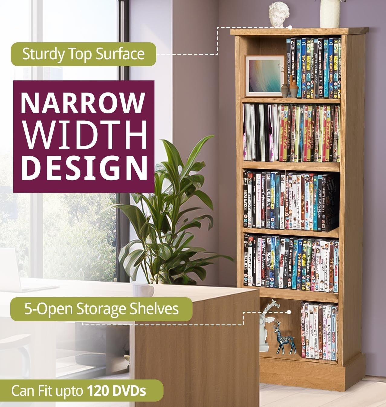Solid Oak DVD CD Storage Cabinet 5 Tier Media Shelf Holds 120 Discs