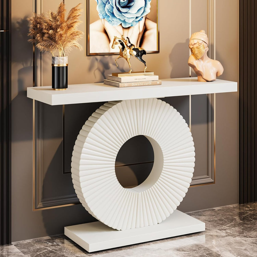 Modern Console Table with Circular Pedestal Base - White, Minimalist Hallway & L
