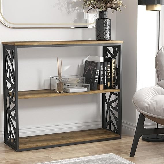 2-Tier Industrial Bookcase Unit Metal & Wood Display Shelf for Hallway Lounge
