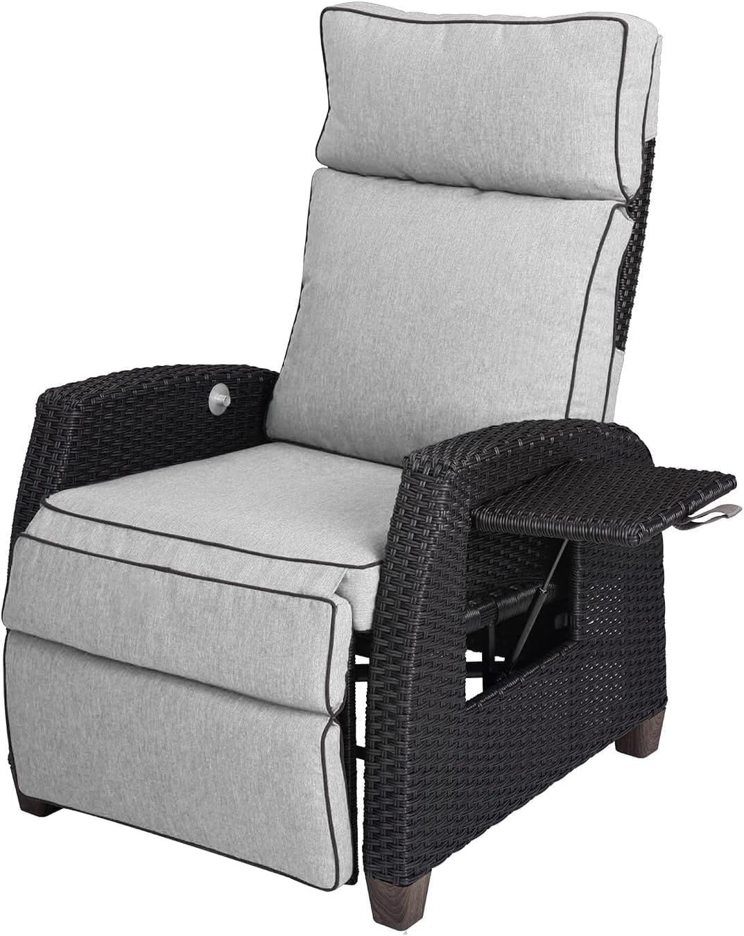 Adjustable Outdoor Recliner Wicker Patio Lounger with Flip Table Beige