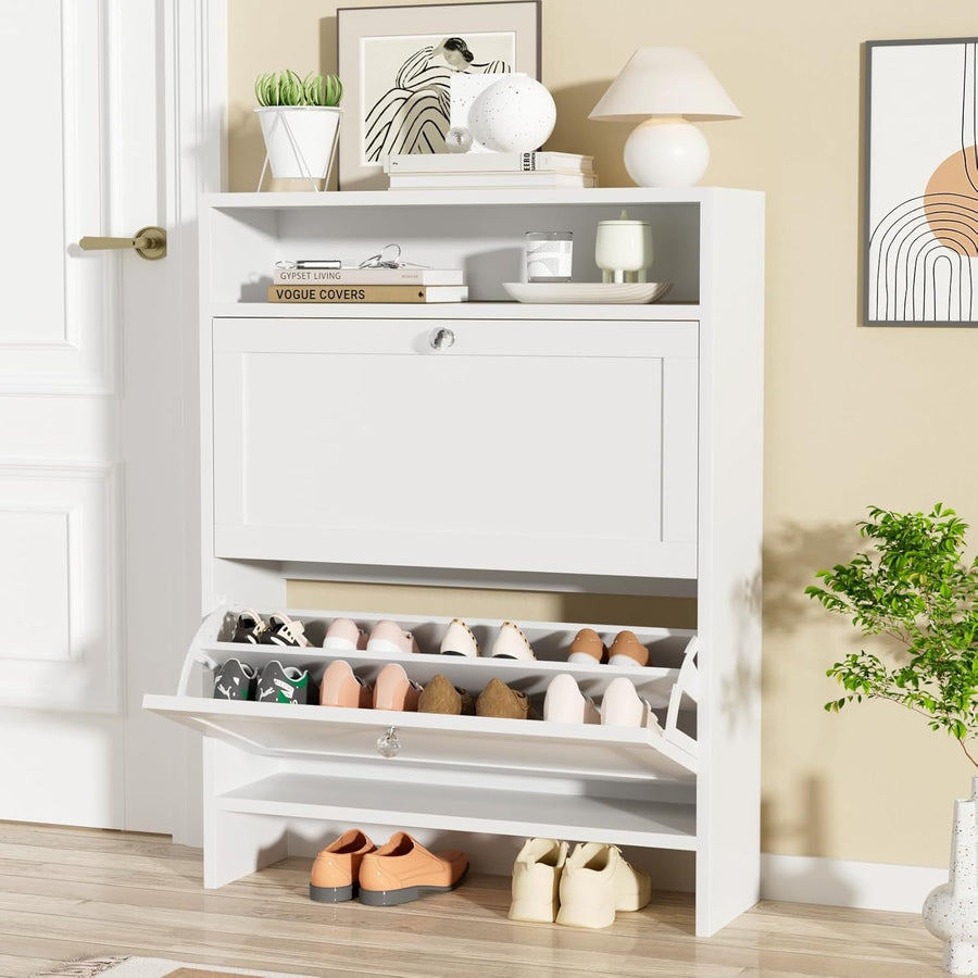 2-Drawer Narrow Shoe Cabinet with Flip Drawers & Crystal Handles White