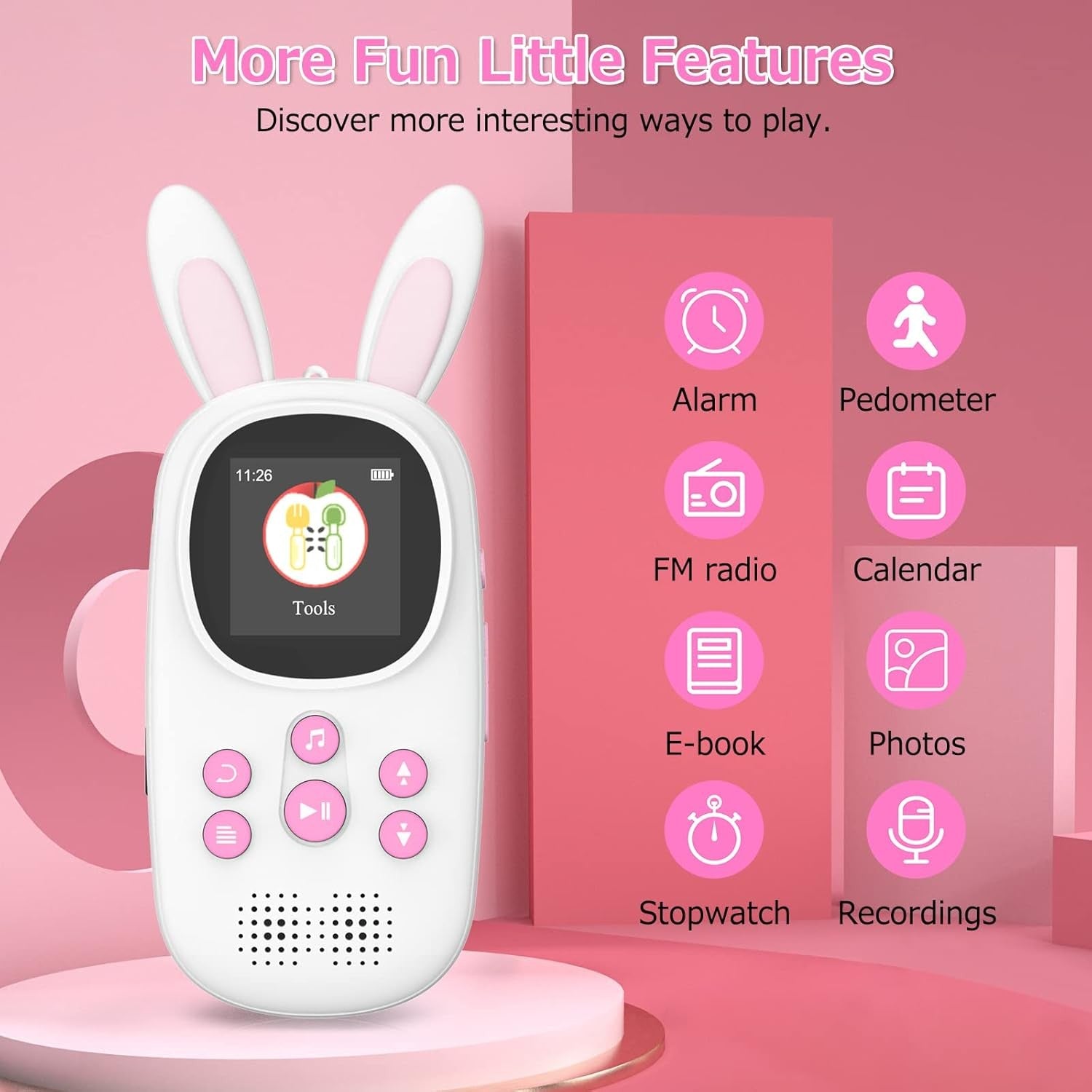 Kids MP3 Player 32GB Bluetooth FM Radio Alarm Pedometer Pink