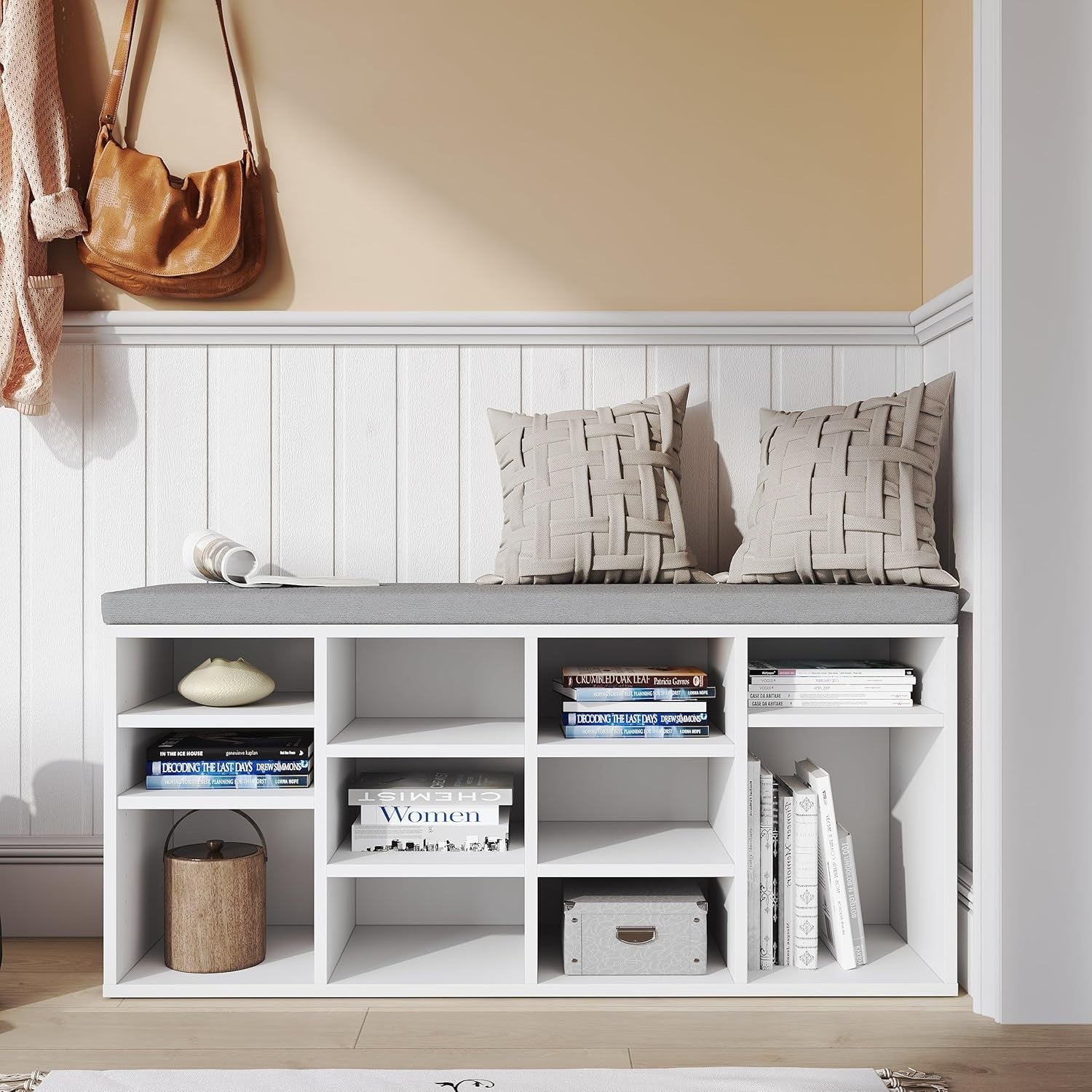 White Shoe Storage Bench with Padded Seat, 14 Compartments, Adjustable Shelves