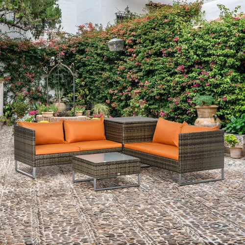 4-Seater Rattan Corner Sofa Set Outdoor Cushions Glass Tables Storage Patio