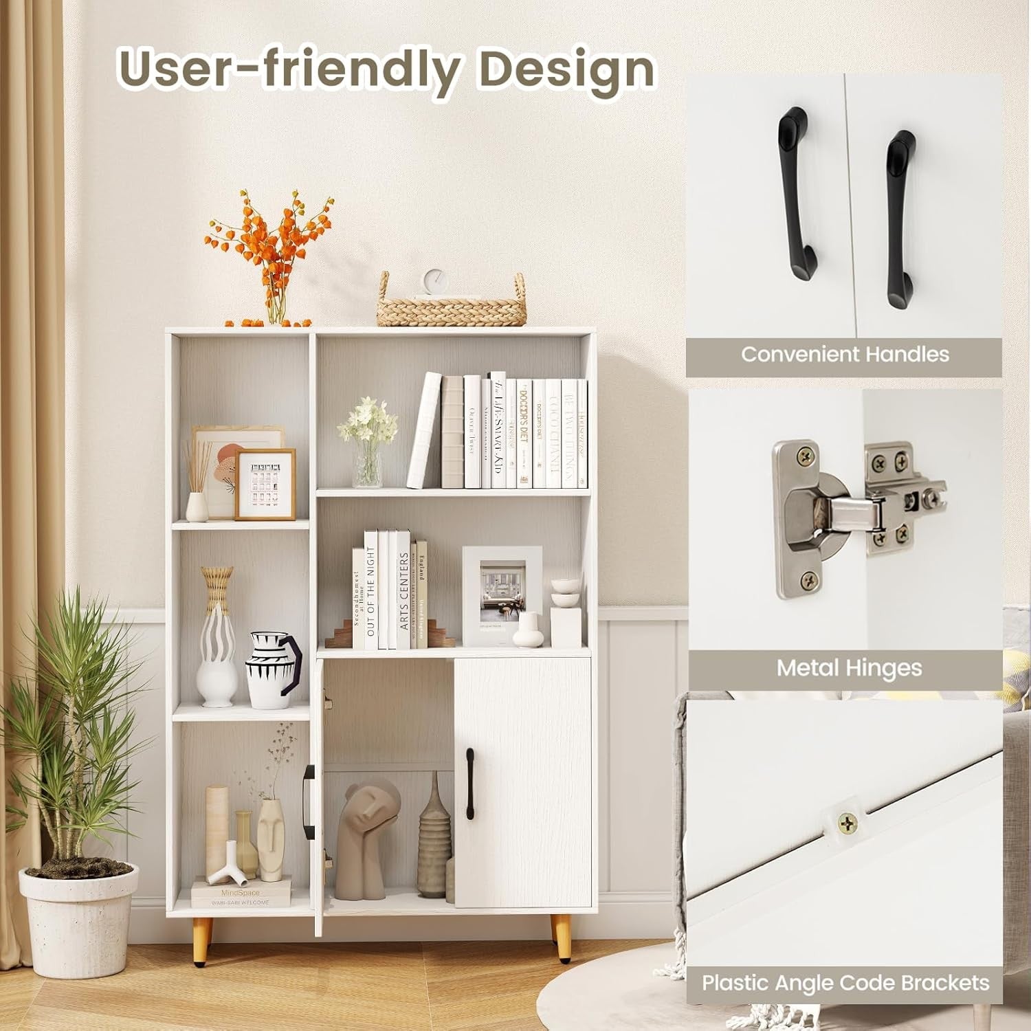 Modern Tall Storage Bookcase with Doors & Open Shelves 80x23x119cm White