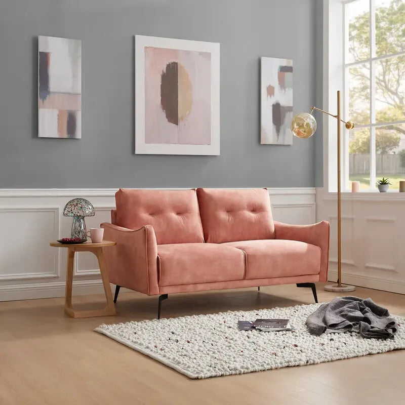 Blush Pink Velvet 2 Seater Sofa with Tufted Cushions & Metal Legs