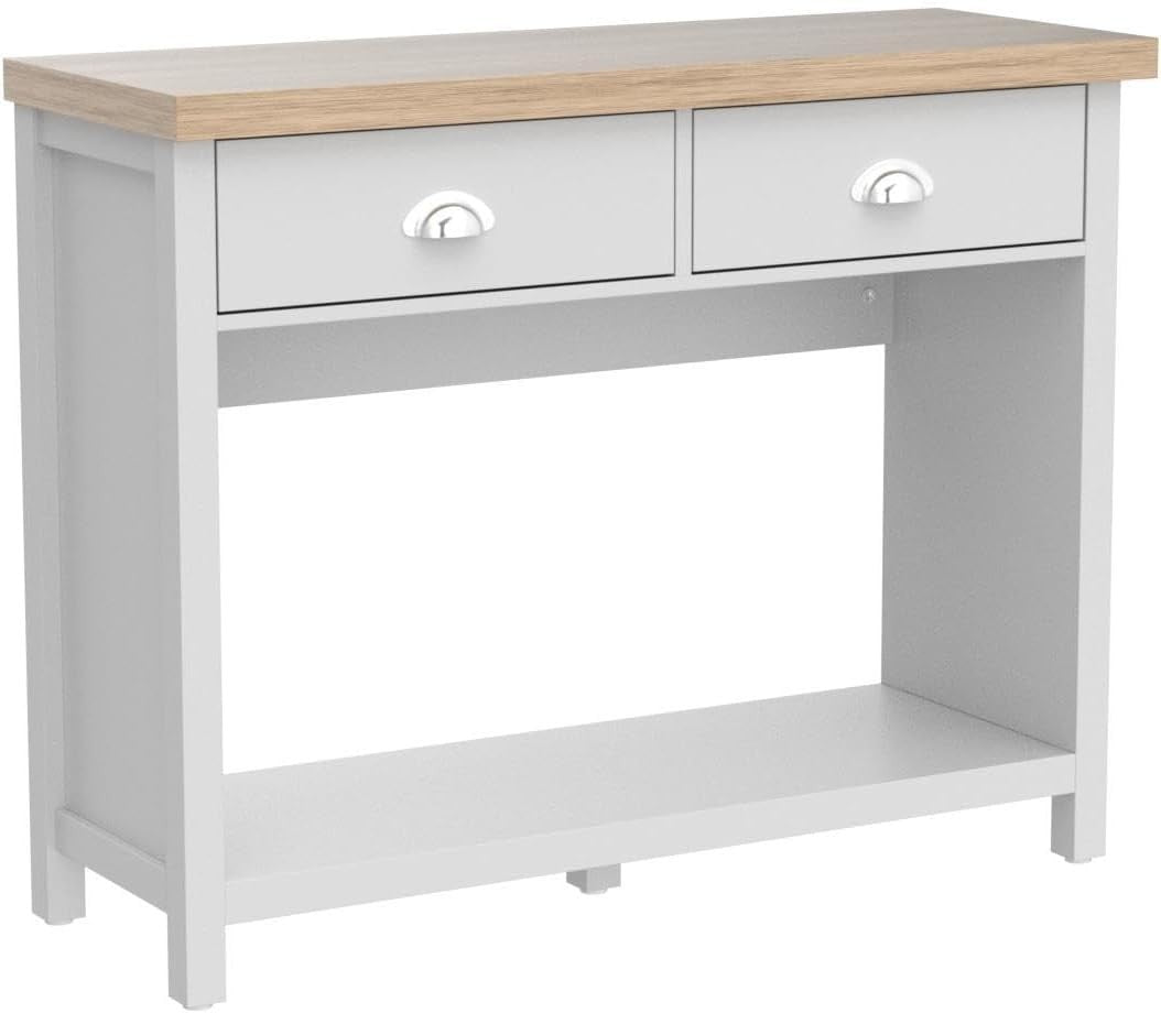 Grey Console Table with 2 Drawers & Shelf – Hallway Sideboard 72cm Oak Top