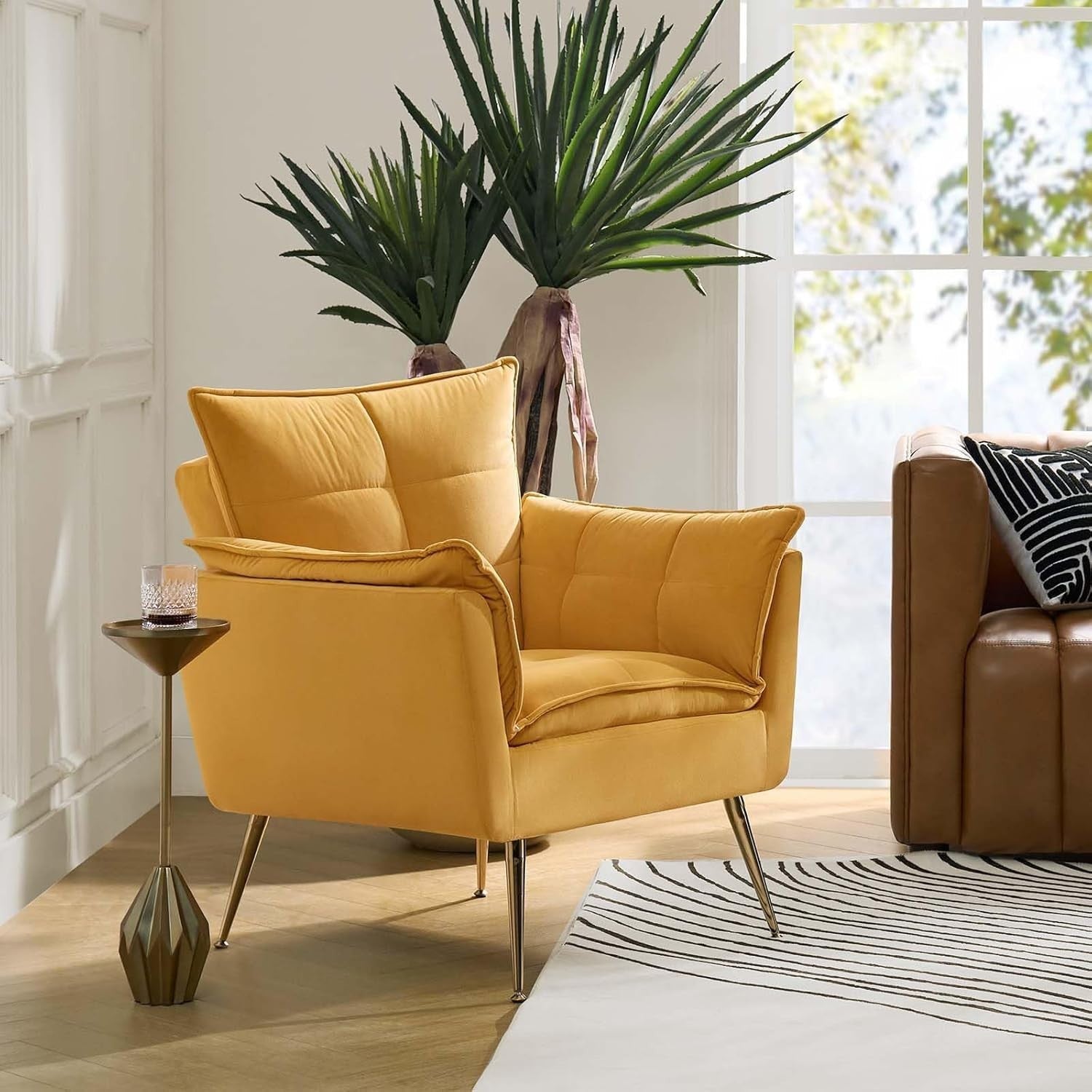 Yellow Modern Tub Accent Chair Gold Metal Legs Upholstered Lounge Chair