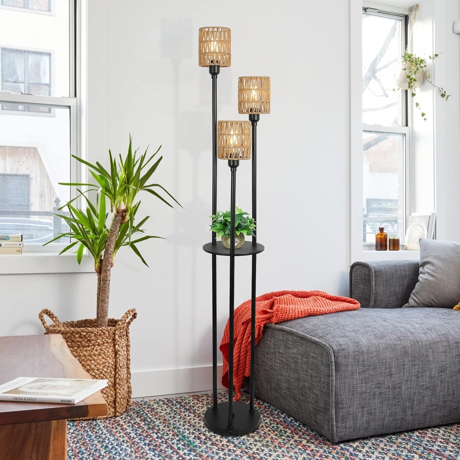 3-Light Boho Rattan Floor Lamp with Shelves, Foot Switch & Rustic Charm