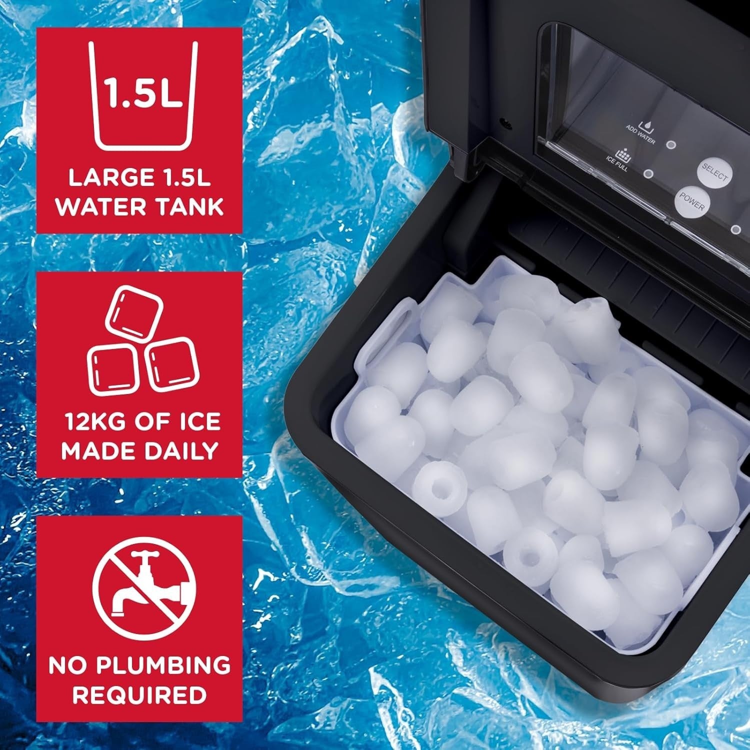 Fast Ice Cube Maker 9 Cubes in 9 Mins, 1.5L Tank, Self-Cleaning Countertop