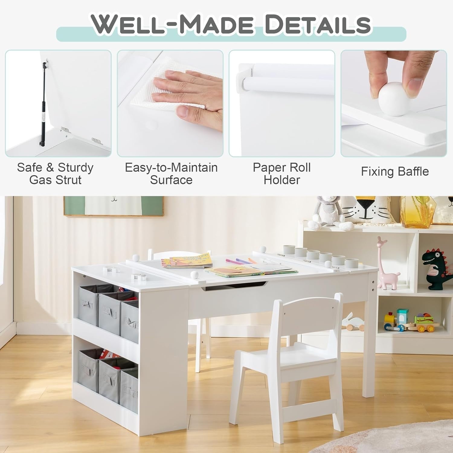 Kids Art Table and Chairs Set with Storage Boxes Drawing Desk White 6 Cups