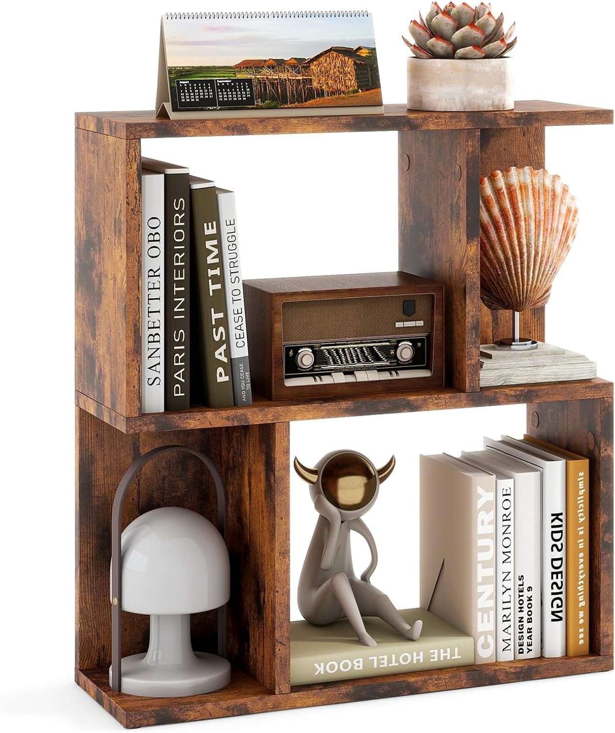Rustic Brown 3 Tier S-Shaped Bookcase Small Freestanding Display Shelf 50×18×56