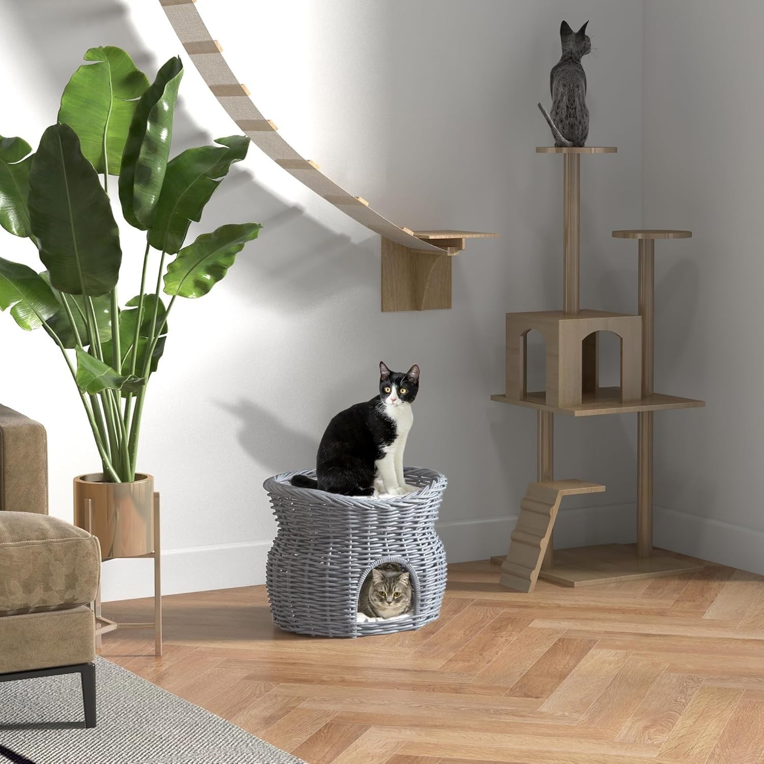 2 Tier Wicker Cat House Elevated Bed Basket Cave w Washable Cushions