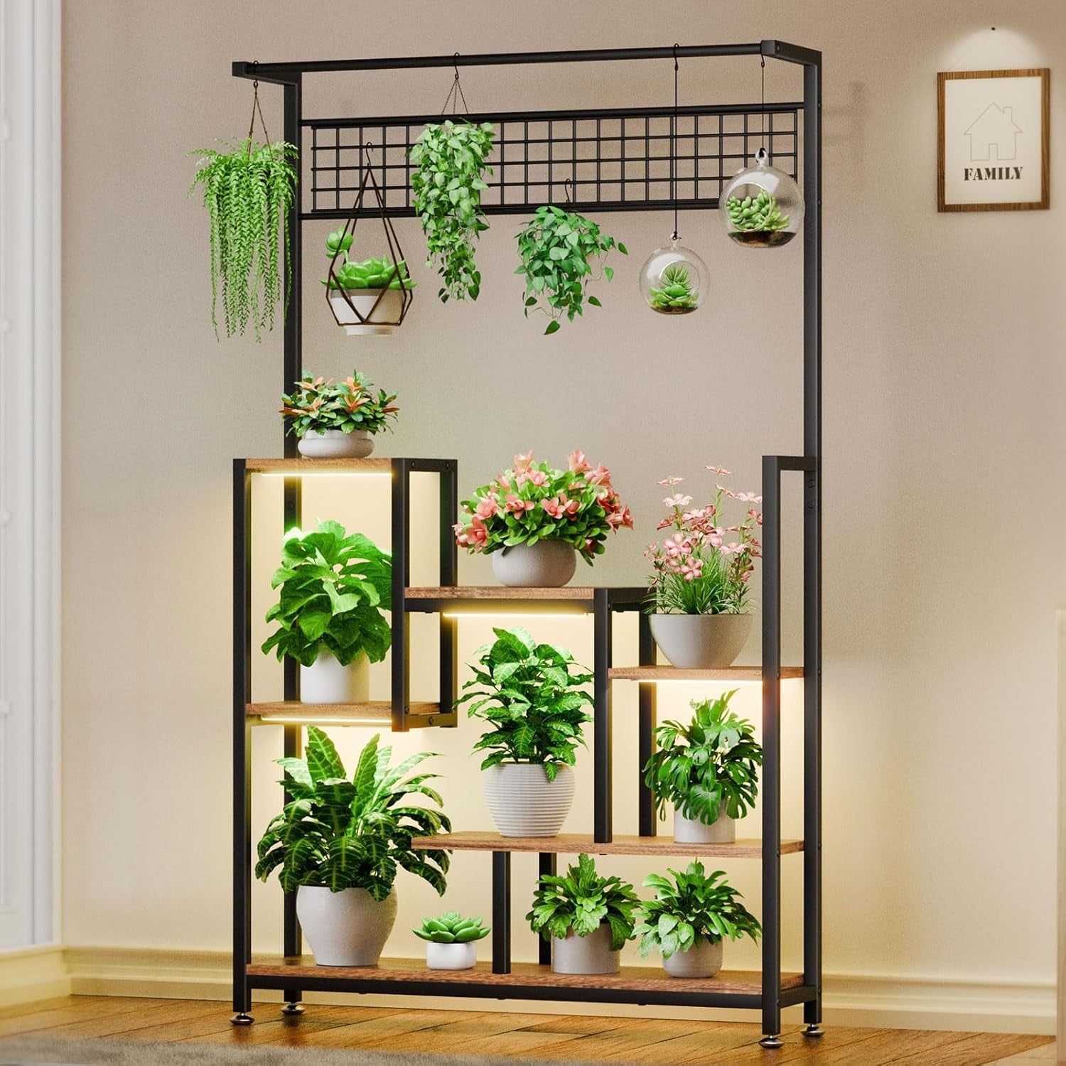 6 Tier Tall Metal Plant Stand with Grow Lights Indoor Outdoor Flower Shelf