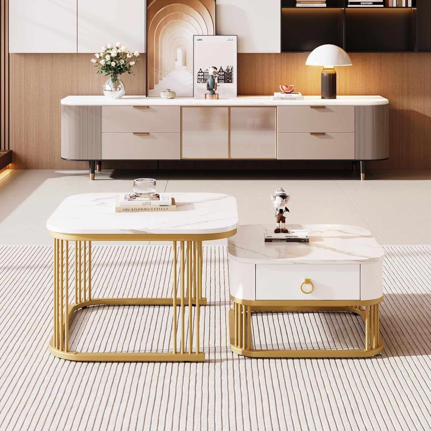 Square White Marble Nesting Coffee Table Set with Drawer – Gold Legs, Modern