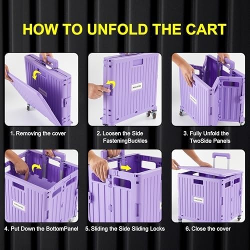 Folding Utility Cart Rolling Crate Trolley Lid Basket 360° Wheels Purple
