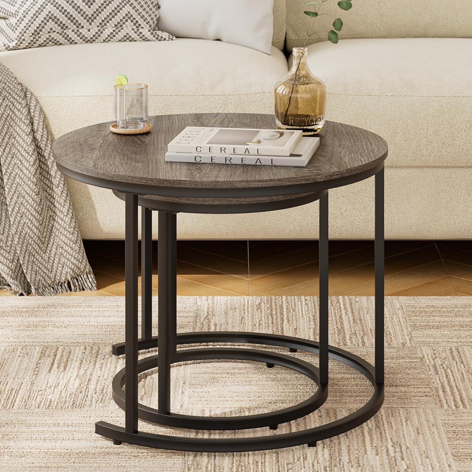 Round Nesting Coffee Tables Set of 2 – Grey Top Black Frame, Space-Saving