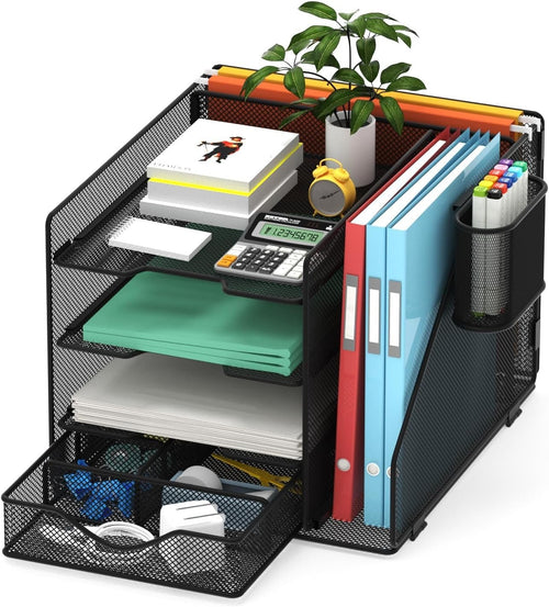 Black Mesh Desk Organiser – 4-Tier Paper Tray, Drawer & Pen Holder