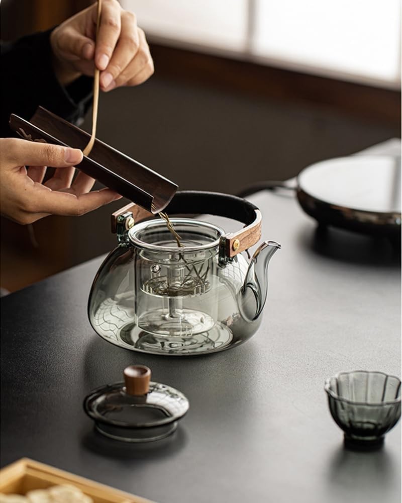 Japanese Style Glass Teapot 950ml with Infuser Stovetop Safe Gray