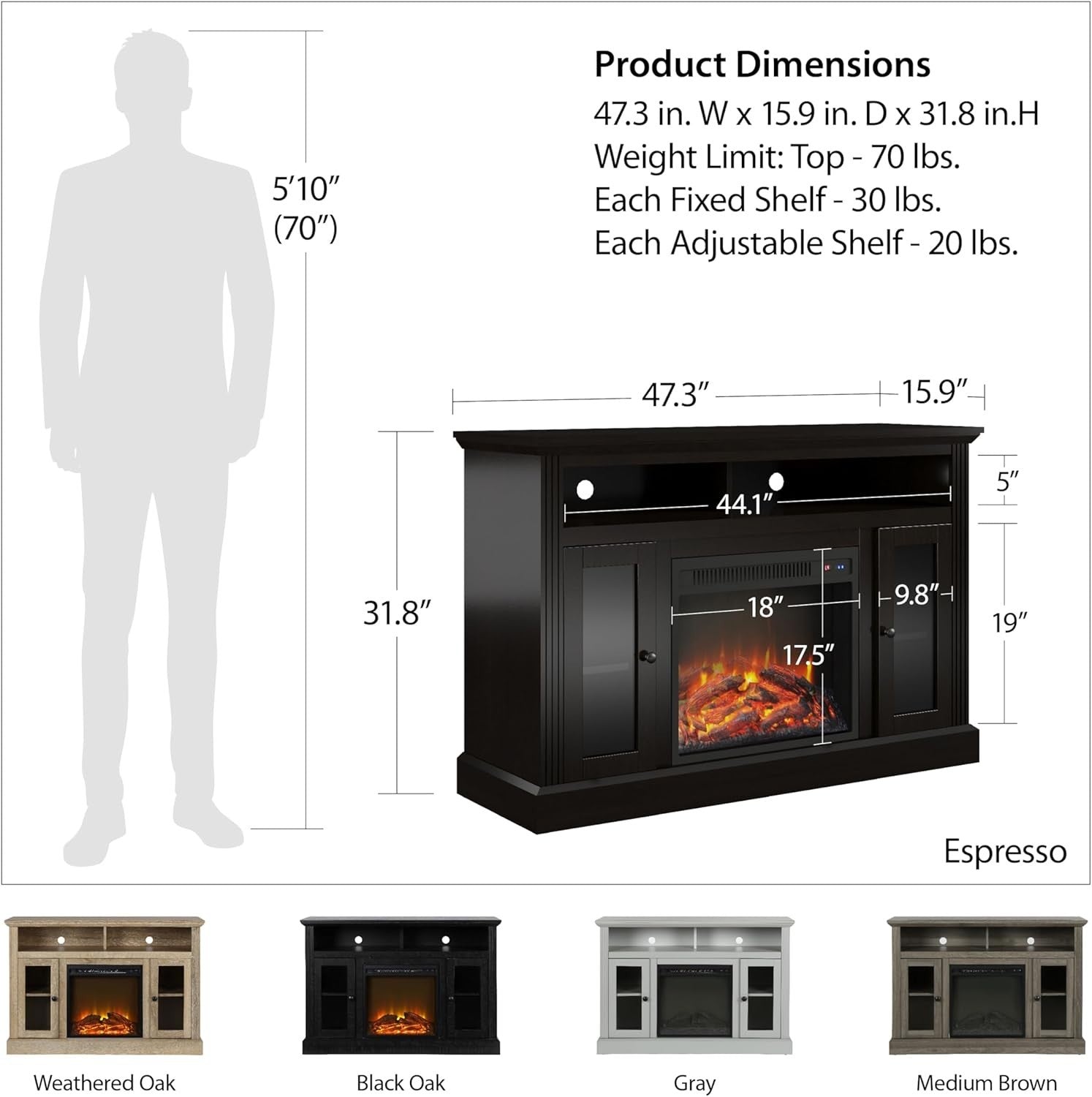 Electric Fireplace TV Stand 50" with Realistic LED Logs & Flame Effects