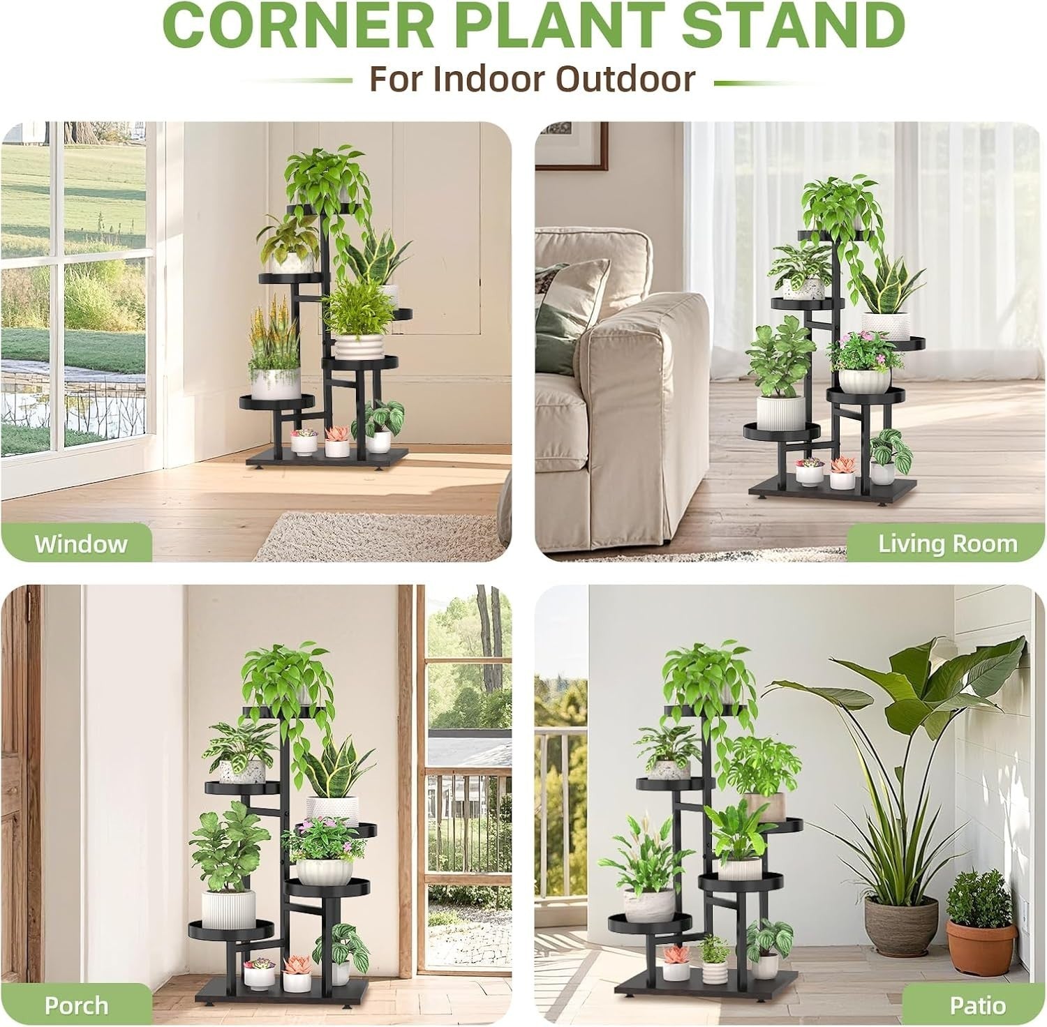 5-Tier Black Walnut Metal & Wood Plant Stand | Corner Indoor Outdoor Shelf