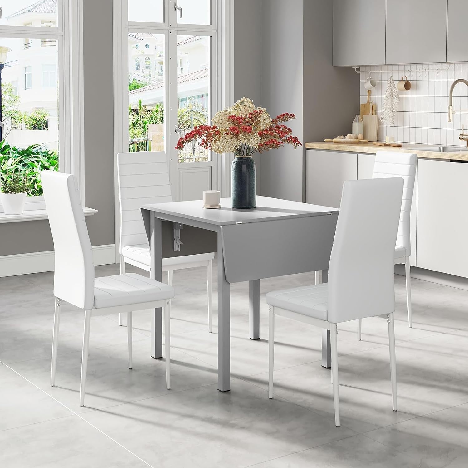 Space-Saving White Drop Leaf Dining Table & 2 High-Back Grey Leather Chairs