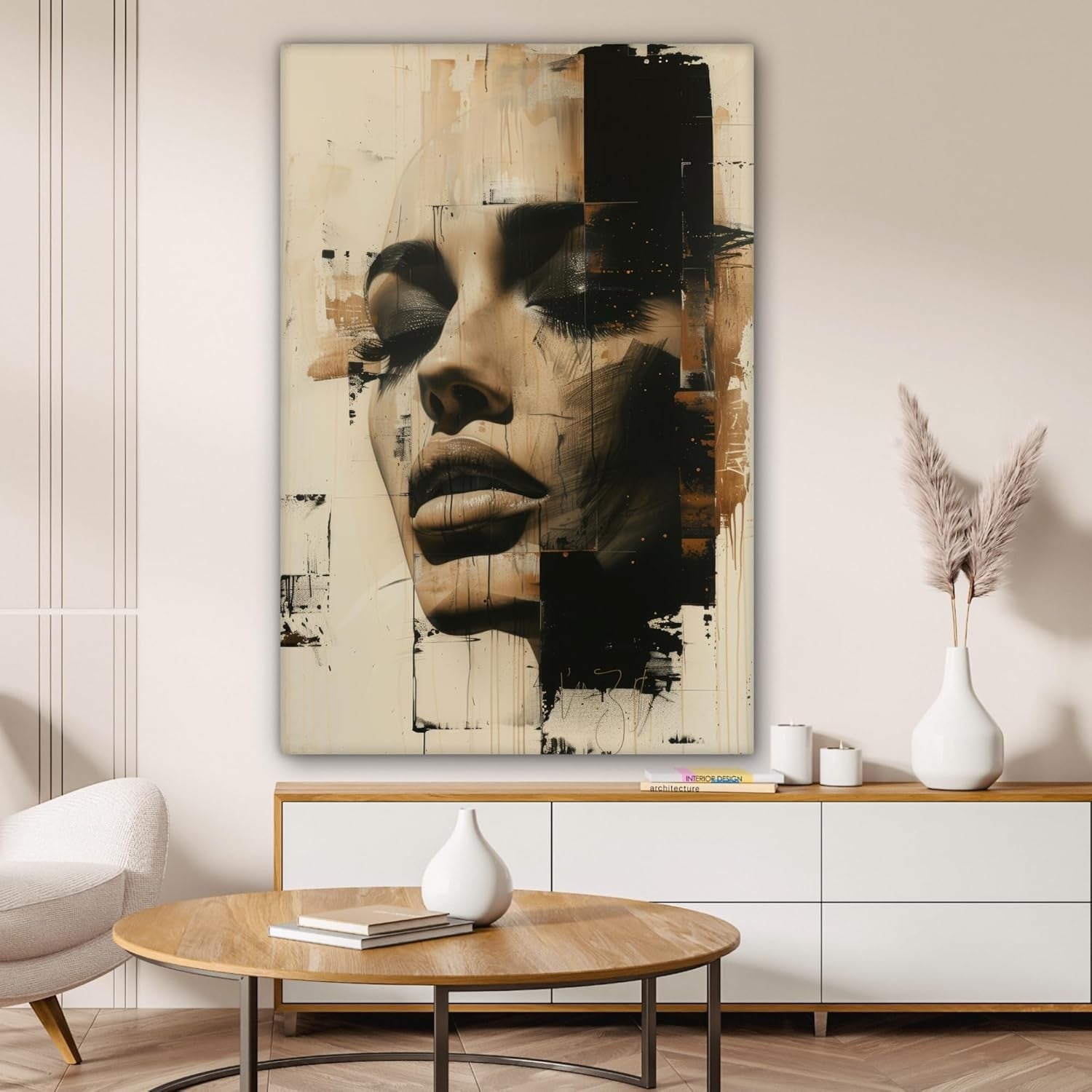 Large Abstract Woman Canvas Wall Art Modern Beige Face Print 80x120cm Decor